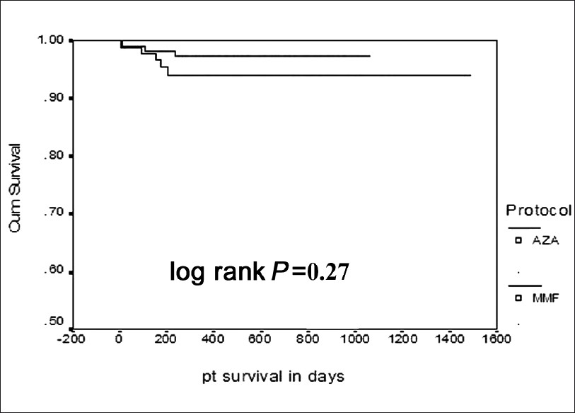 Kaplan-Meier curve for patient survival in the two groups (Upper line AZA, lower line MMF)