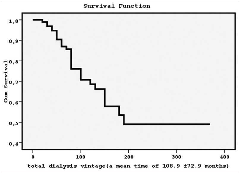 The survival function for 96 dialysis patients from the treatment initiation until the end of our follow-up of 60 months (a mean time of 108.9 ± 72.9 months) showed a mortality rate equal to 31.2%