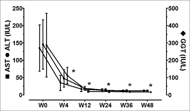 Liver enzyme levels before, during, and after therapy. *Significant (P < 0.05) in comparison to corresponding baseline (w0) values