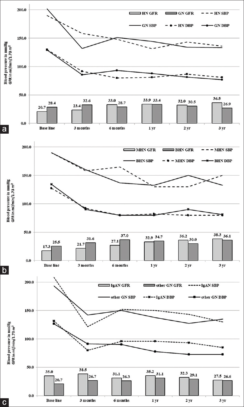 Comparison of blood pressures and e-GFR during the study period (a) Hypertensive nephrosclerosis (HN) versus glomerulonephritis (GN), (b) Malignant hypertensive nephrosclerosis (MHN) versus benign hypertensive nephrosclerosis (BHN), (c) IgA nephropathy (IgAN) versus other glomerulonephritis (other GN)