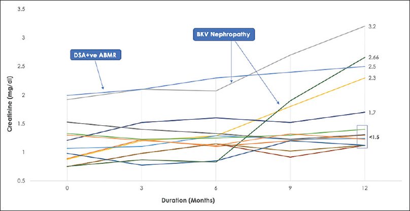 S.Creatinine trend over 12 months. One patient diagnosed with DSA +ve ABMR in 2nd-month post-transplantation. Two patients diagnosed with BKV Nephropathy at 6 and 9 months. Box represents 61% patients with stable eGFR (57 ± 11.23 mL/min/1.732 m2) at 12 months. DSA+ve ABMR: donor-specific antibody-positive antibody-mediated rejection. BKV: BK virus