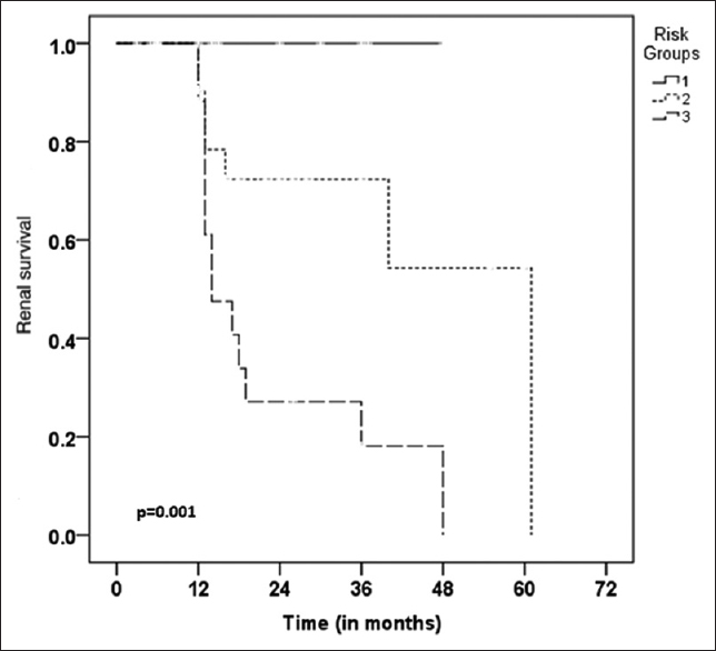 Kaplan-Meier survival analysis for renal risk categories, low (risk score 1), medium (risk score 2), high (risk score 3)