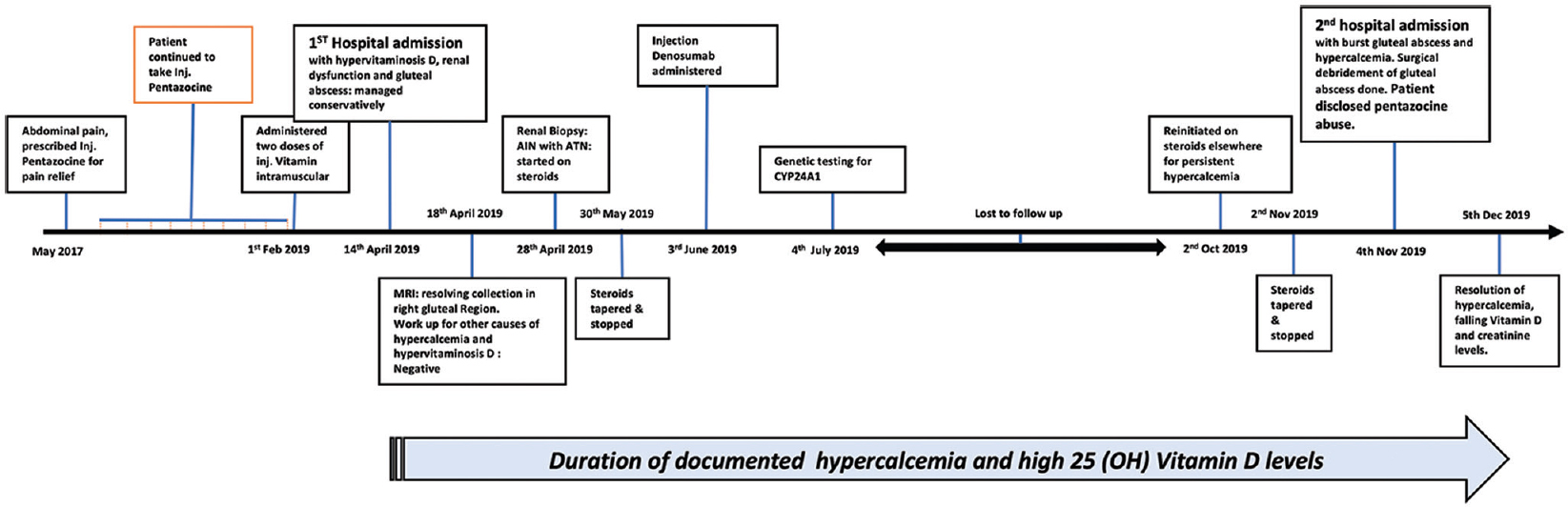 Timeline depicting the significant turn of events in the clinical course of the patient