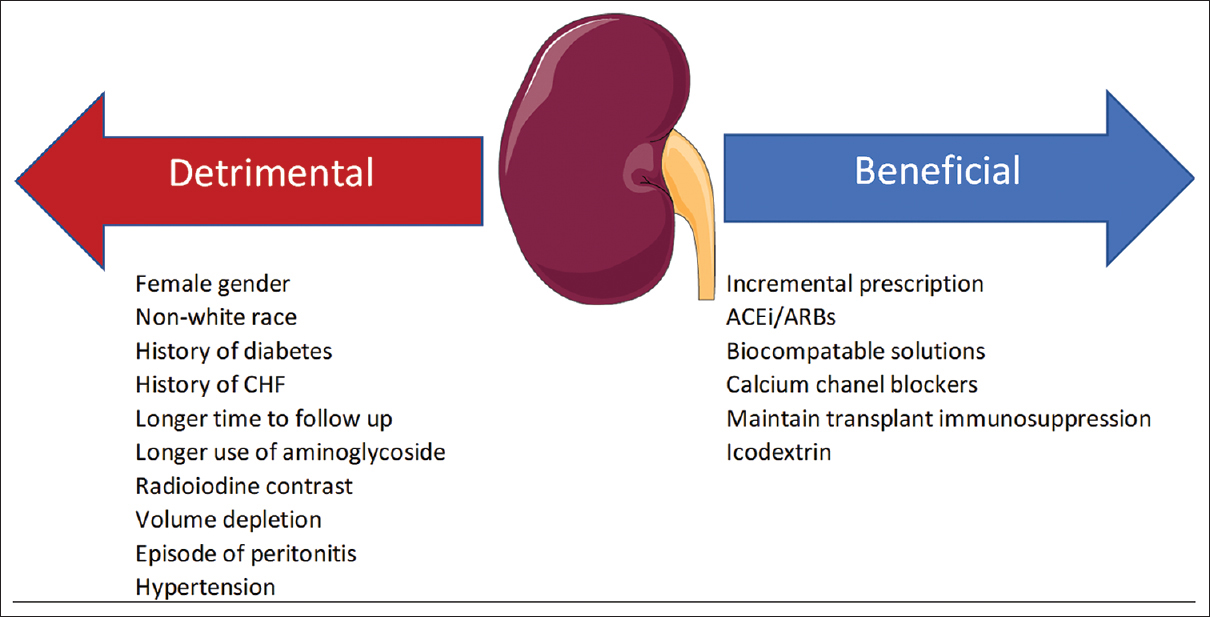 Factors reported to affect residual kidney function. ACEi: angiotensin converting enzyme inhibitors; ARB: angiotensin receptor blockers. The Figure was partly generated using Servier Medical Art, provided by Servier, licensed under a Creative Commons Attribution 3.0 unported license