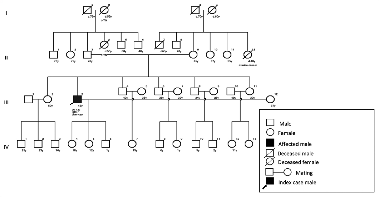 Pedigree of an ADPKD patient with no evidence of positive family history. Note no renal or extrarenal features present in the family