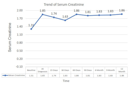 Trend of serum creatinine level in patient at diagnosis of parvovirus B19 infection and subsequently on follow-up.