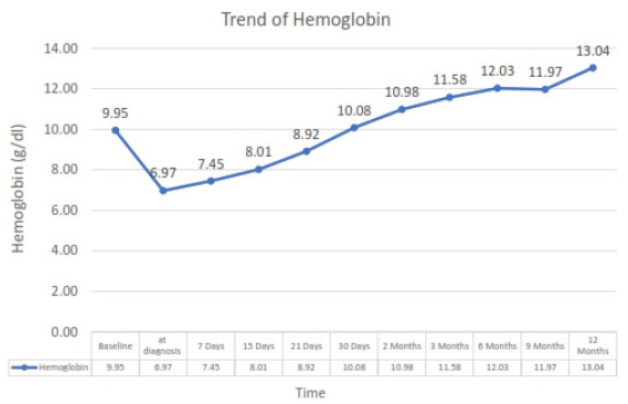 Trend of hemoglobin level in patient at diagnosis of parvovirus B19 infection and subsequently on follow-up.