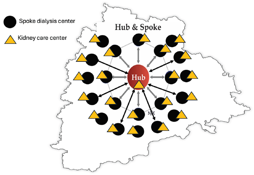 Hub and spoke model of kidney disease prevention and kidney replacement therapy (KRT).