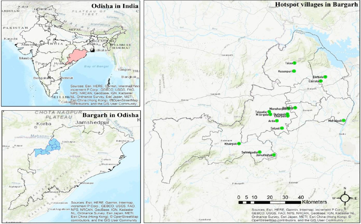 Map showing the hotspot villages of Bargarh district, Odisha, India.