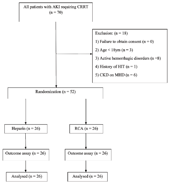 Flowchart of the study. AKI: acute kidney injury, CRRT: continuous renal replacement therapy, HIT: heparin-induced thrombocytopenia, CKD: chronic kidney disease, MHD: maintenance hemodialysis, RCA: regional citrate anticoagulation.