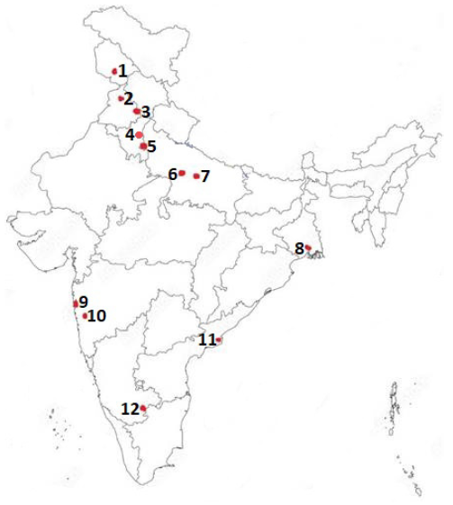 1. Command Hospital Northern Command (CHNC) Udhampur, 2. Military Hospital Jallandhar, 3. Command Hospital Western Command (CHWC) Chandimandir, 4. Army Hospital, Research and Referral, 5. Base Hospital Delhi (BHDC), 6. Air Force Hospital Kanpur, 7. Command Hospital Central Command (CHCC) Lucknow, 8. Command Hospital Eastern Command (CHEC) Kolkata, 9. Indian Naval Hospital Ship (INHS) Asvini Mumbai, 10. Command Hospital Southern Command (CHSC) Pune, 11. Command Hospital Air Force (CHAF) Bengaluru, and 12. INHS Kalyani, Visakhapatnam.