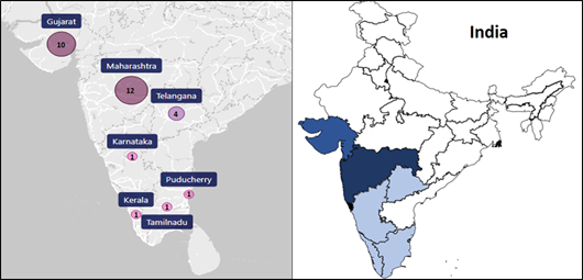 Participating center distribution in India and geographical representation of the study population.