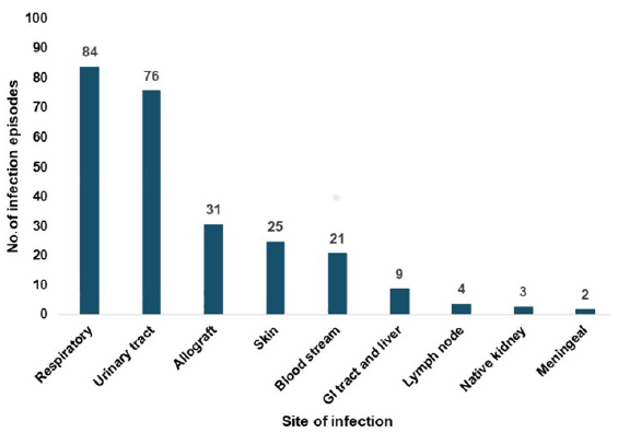 Distribution of post-transplant infection episodes according to the site of infection. GI tract- Gastrointestinal tract