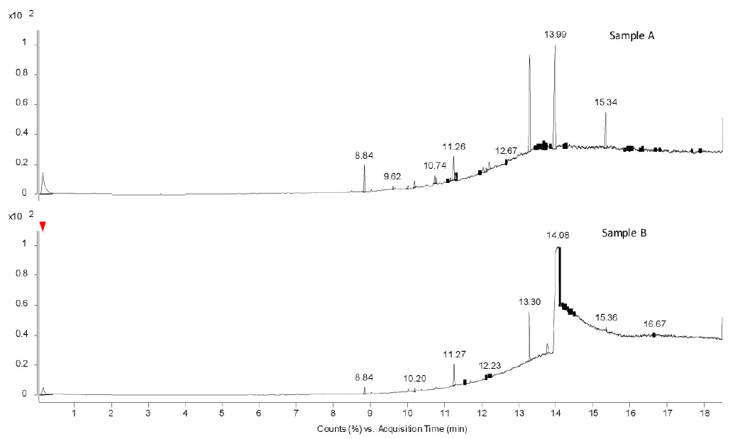 Thermal desorption chromatograms obtained from Py-GC-MS in samples A and B.