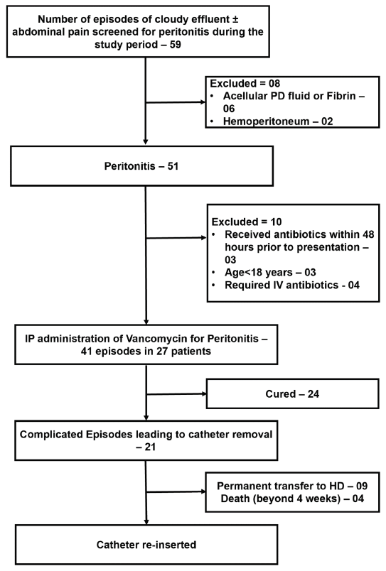 Patient screening, enrolment and outcomes. PD: peritoneal dialysis, HD: Hemodialysis, IP: Intraperitoneal