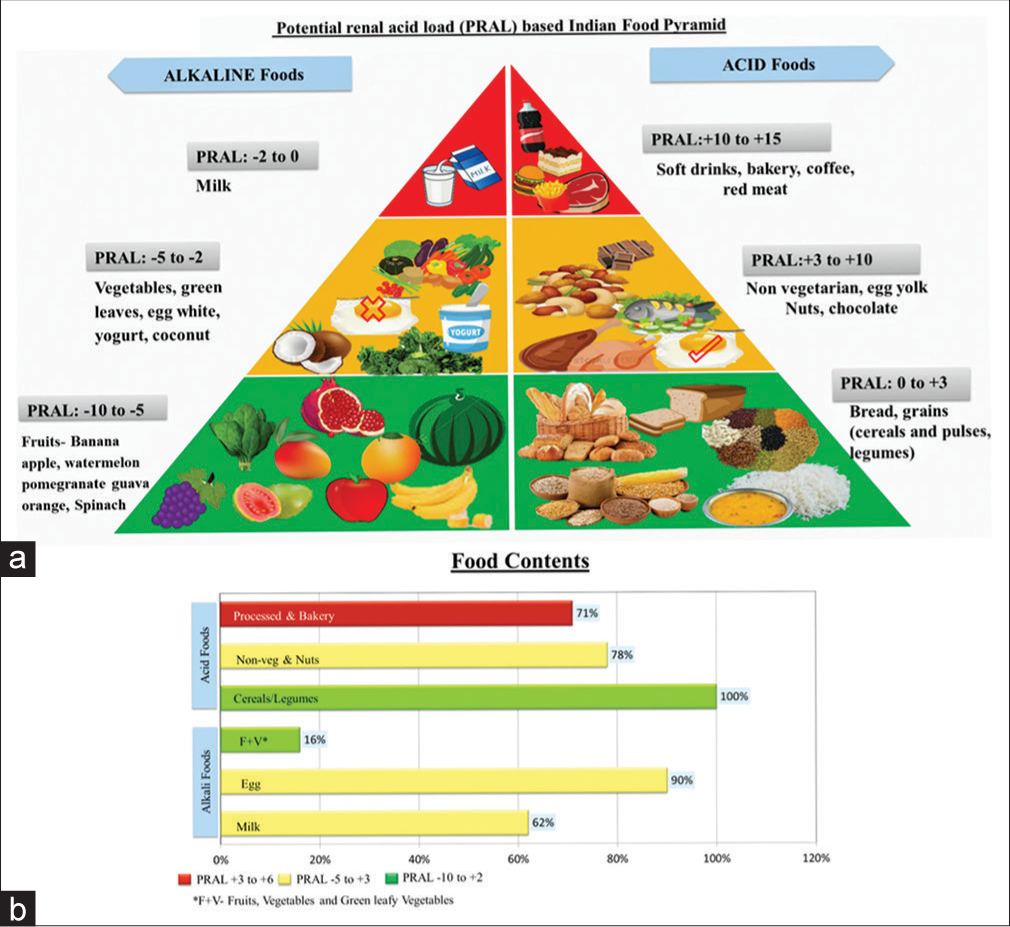 (a) Indian food pyramid was created to represent PRAL values for various Indian diet, with right half depicting alkaline food (PRAL value </= 0 and left half of the pyramid depicting acidic foods with PRAL values >0. (b) Depicts the food components of all the children with CKD with majority of them consuming acidic foods and very few children consuming highly alkali foods like fruits and vegetables.