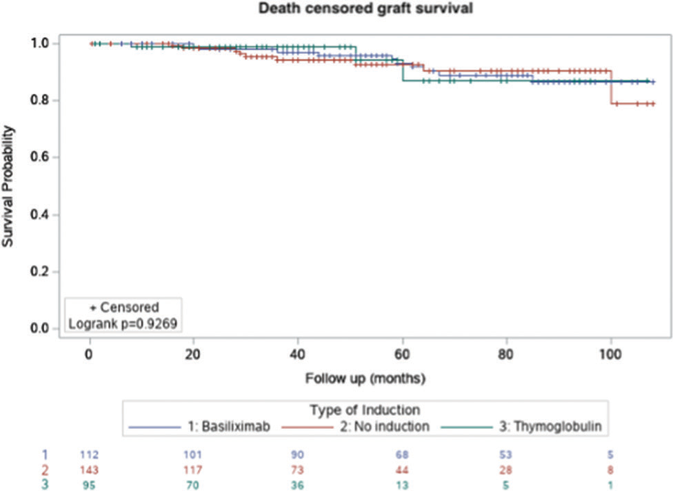 Kaplan–Meier survival curve for death censored graft survival.