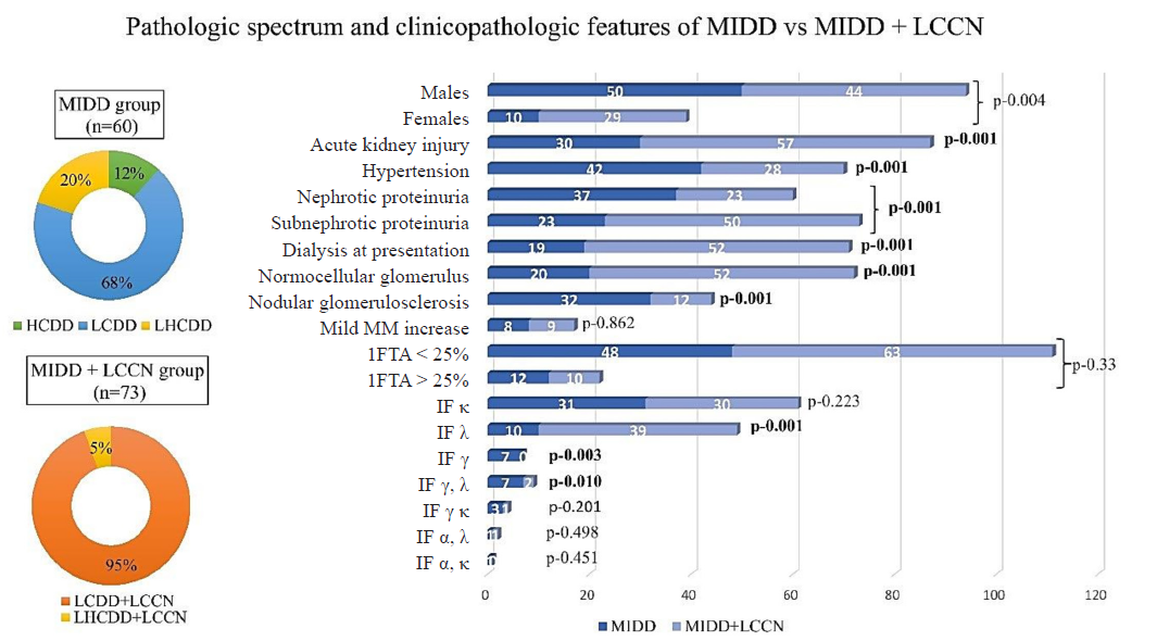 Spectrum of pathologic diagnoses and clinicopathologic features in MIDD and MIDD+LCCN groups. MIDD: Monoclonal immunoglobulin deposition diseases, LCCN: Light chain cast nephrology, HCDD: Heavy chain deposition disease, LCDD: Light chain deposition disease, LHCDD: Light and heavy chain deposition disease, MM: Mesangial matrix, IFTA: Interstitial fibrosis and tubular atrophy, IF: Immunofluorescence, Significant p values are highlighted as bold values.