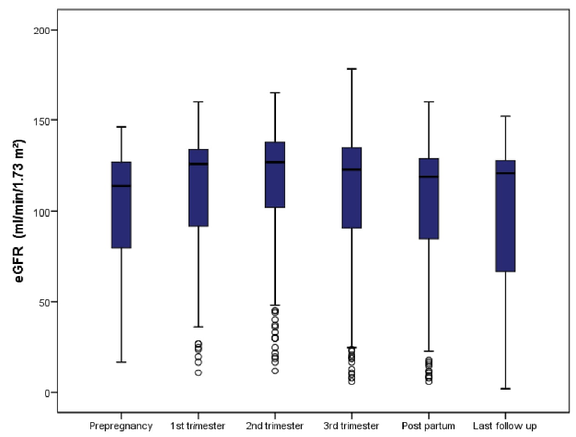 Boxplot showing the renal function in terms of median eGFR before pregnancy, at first trimester, second trimester, third trimester, postpartum and at the last follow up. eGFR: estimated glomerular filtration rate.